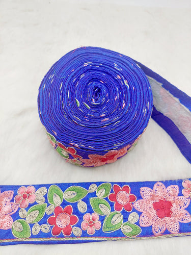 Blue Silk Fabric Embroidered Trim, Floral Embroidery Indian Sari Border Trim By Yard Decorative Trim Craft Lace, Sequins Trim